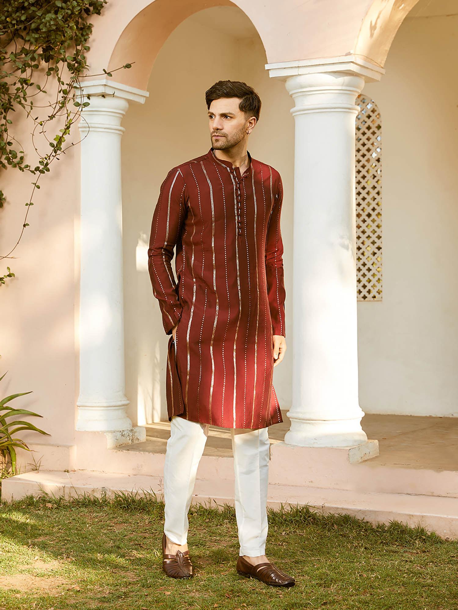 men maroon and gold chanderi silk sequins kurta with pyjama (set of 2)