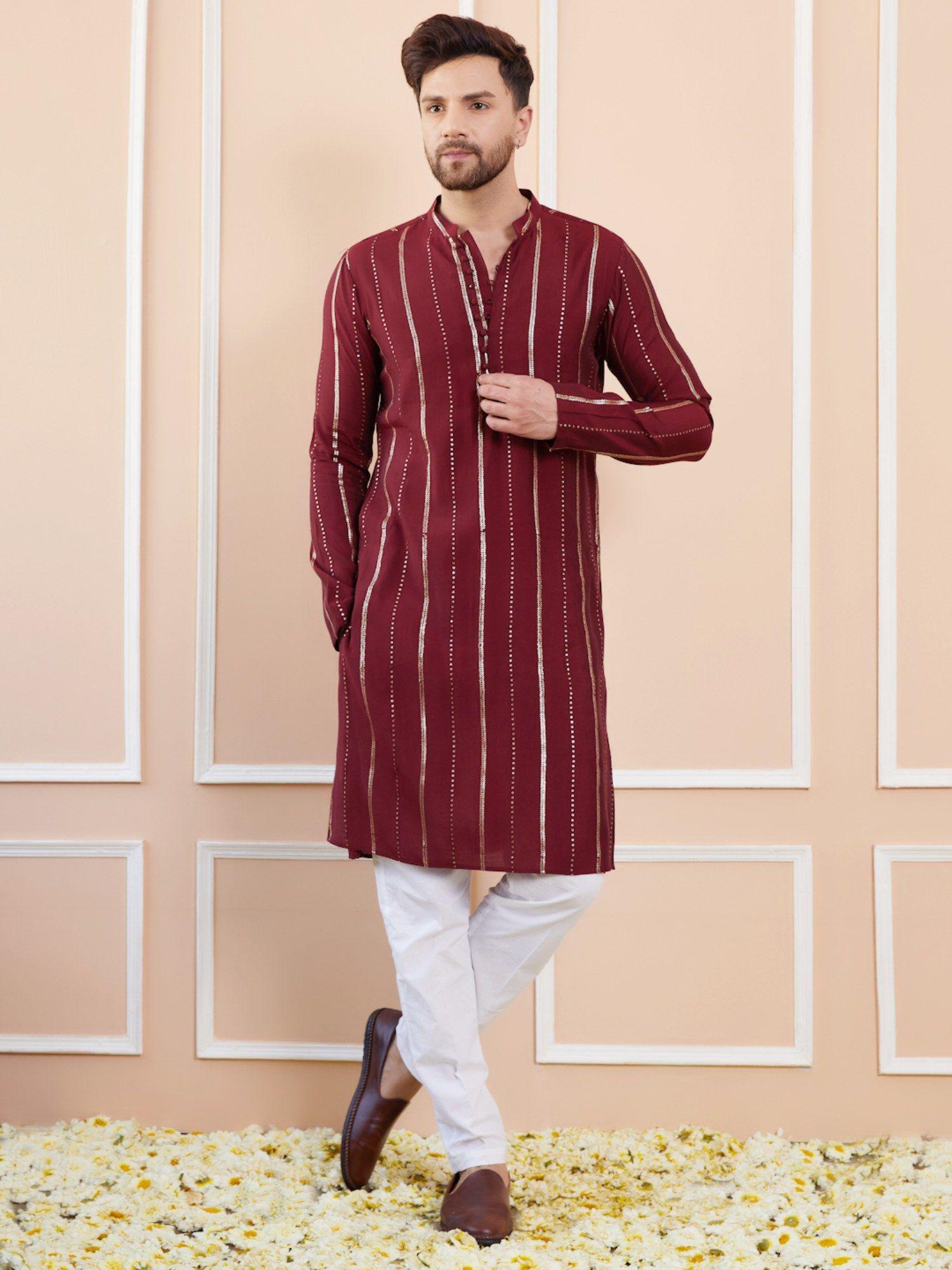 men maroon and gold chanderi silk sequins kurta