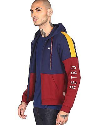 men maroon and navy colour block hooded sweatshirt