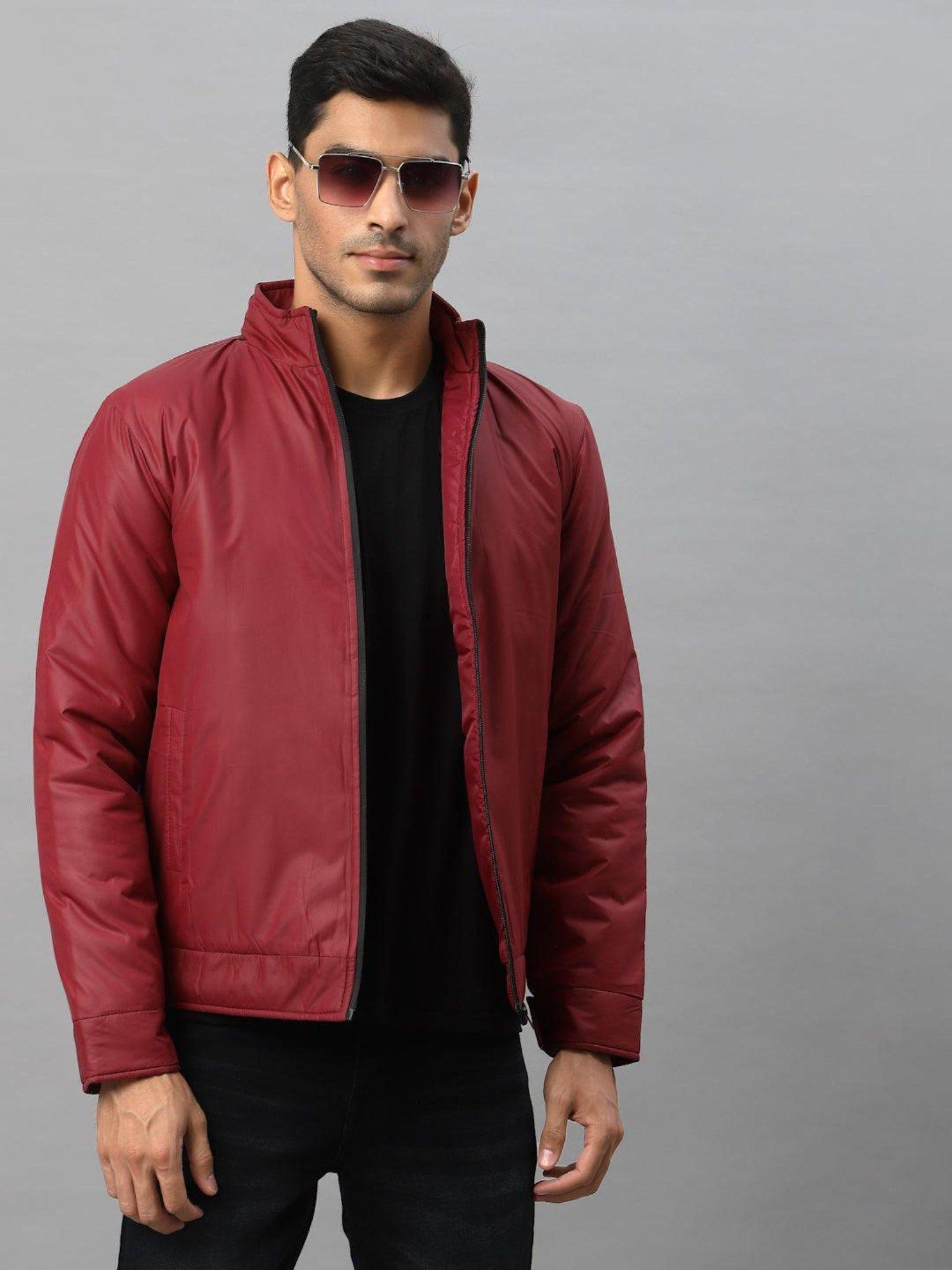 men maroon biker jacket