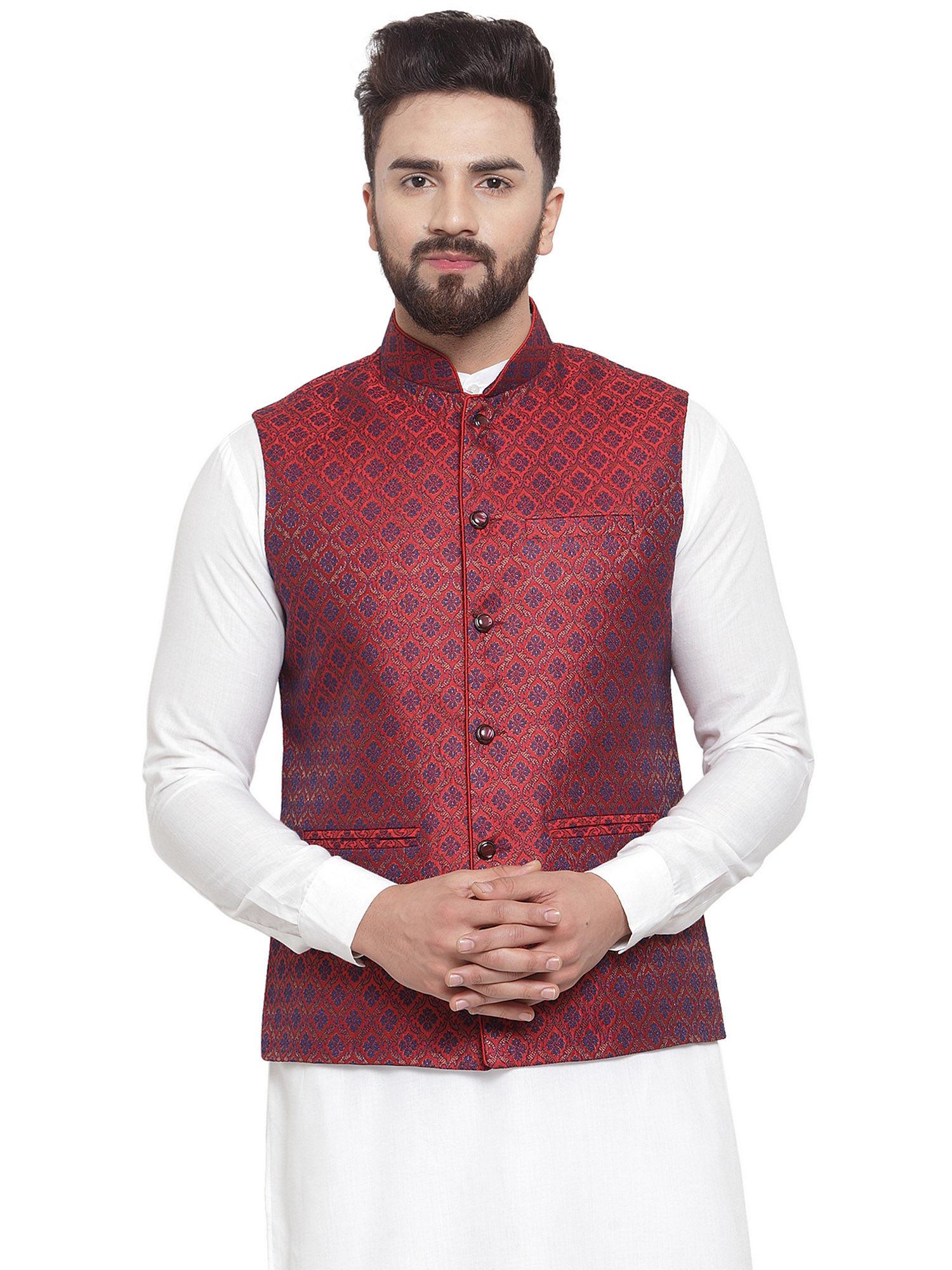 men maroon brocade nehru jacket