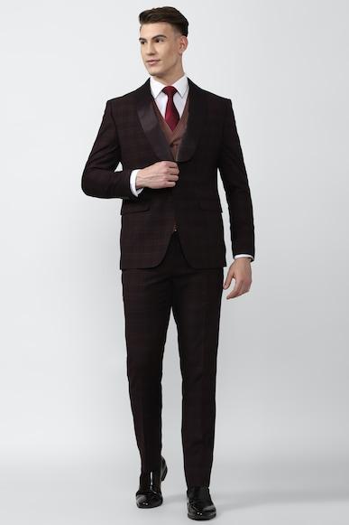 men maroon check slim fit formal two piece suit