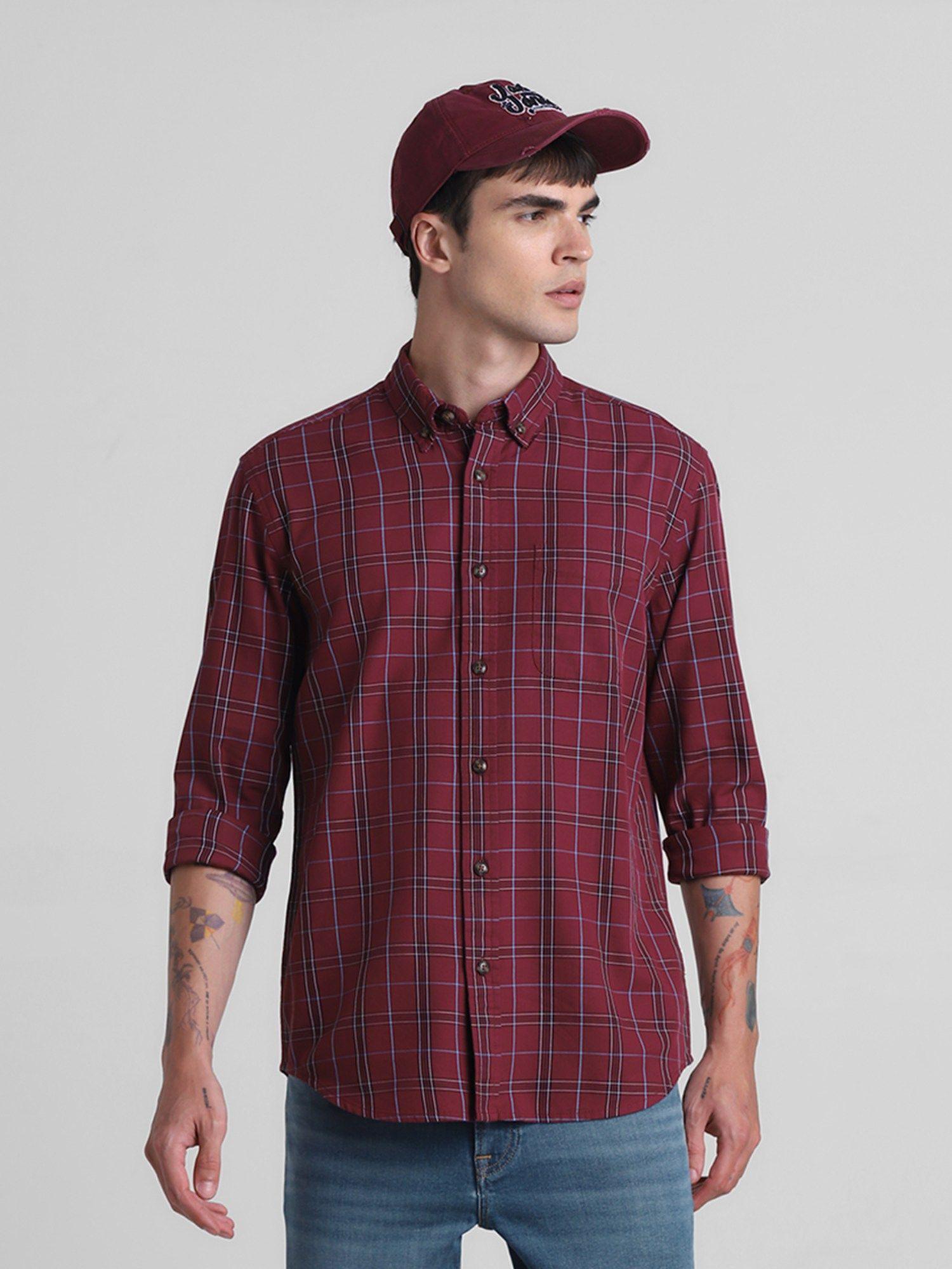 men maroon checks regular fit shirt