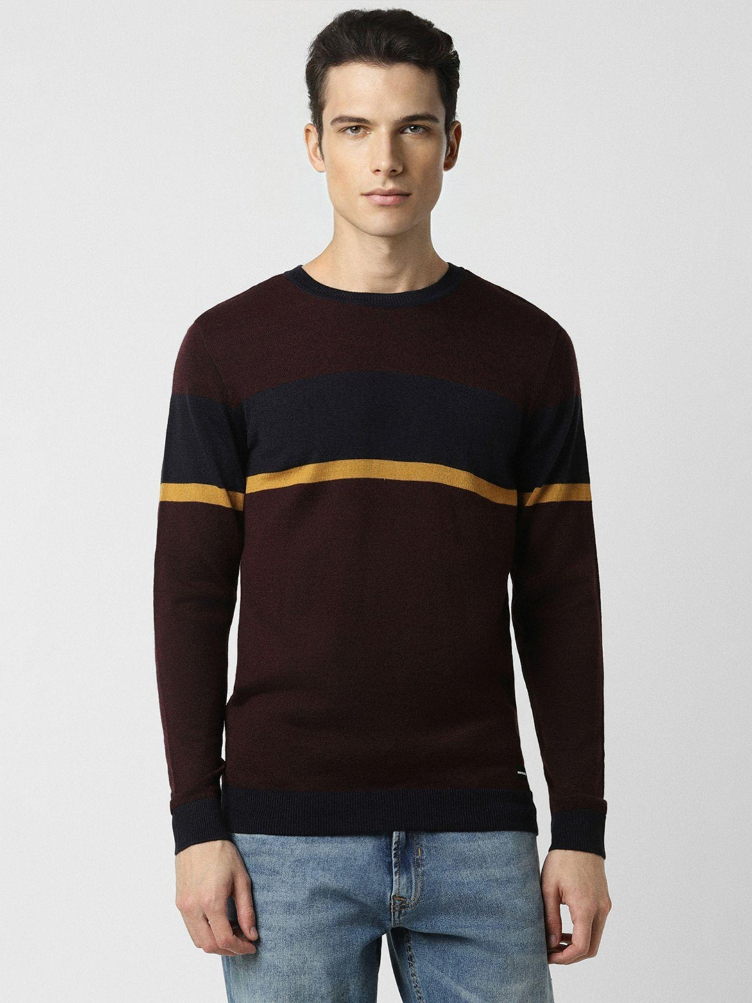 men maroon colorblock crew neck sweater