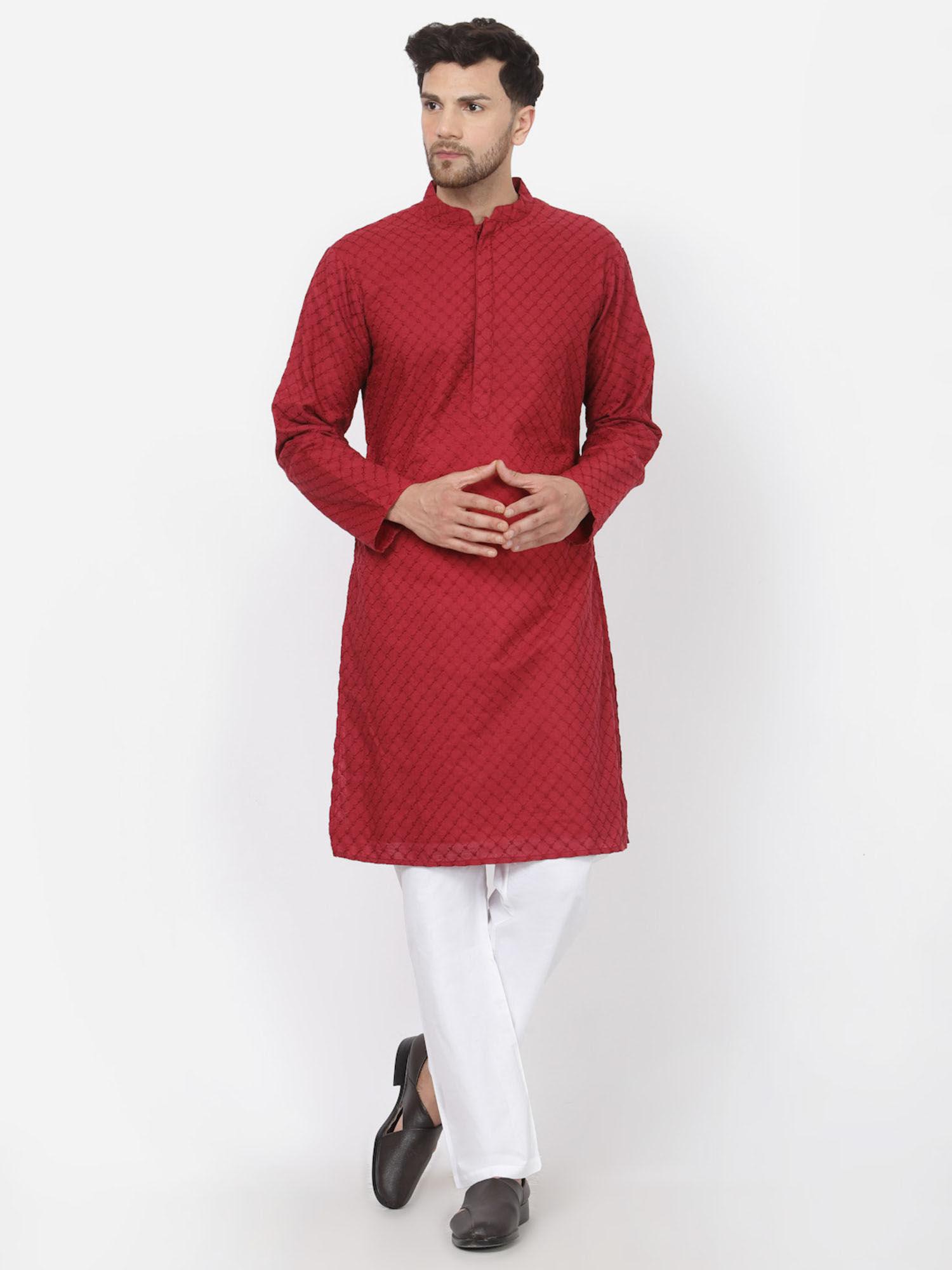 men maroon cotton embroidered kurta with pyjama (set of 2)