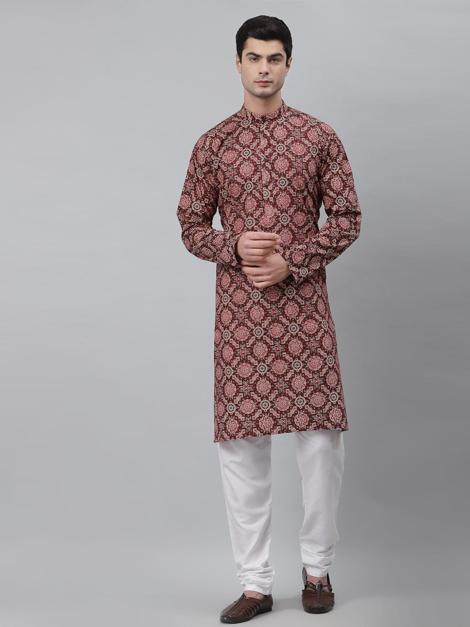 men maroon cotton floral print kurta and churidaar (set of 2)