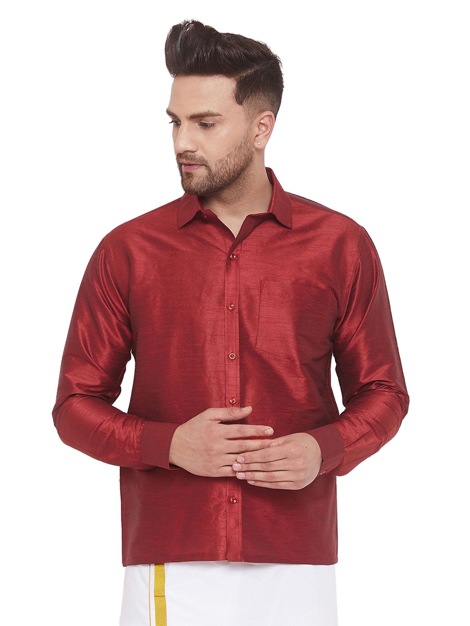 men maroon cotton silk ethnic shirt