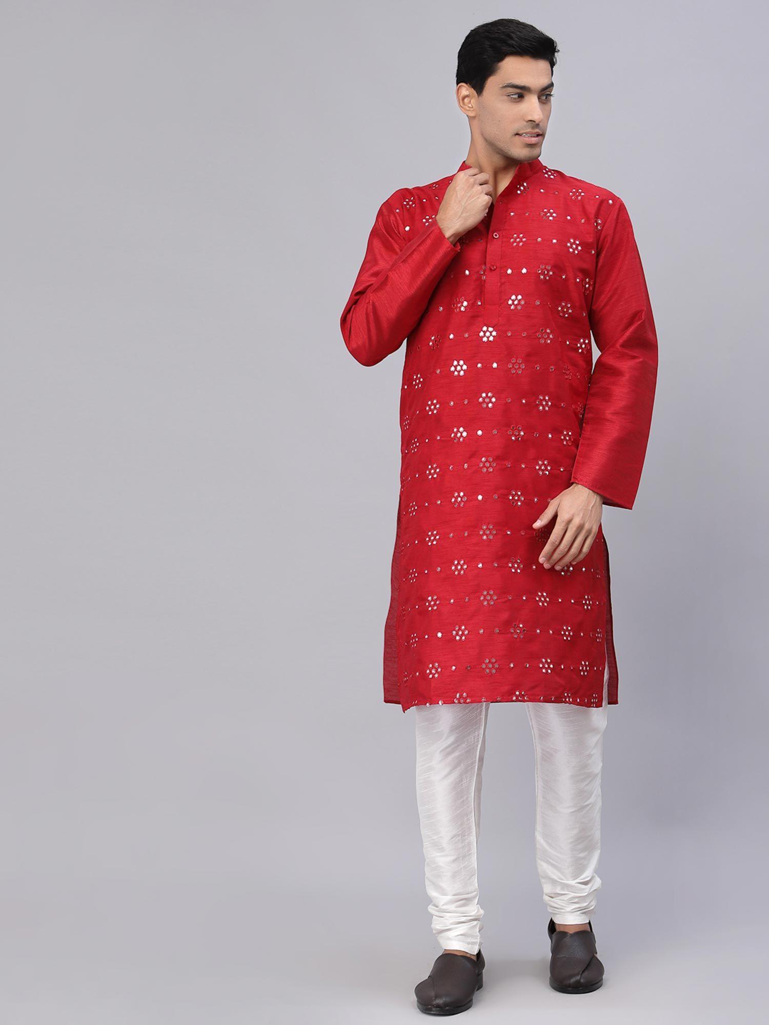 men maroon dupion silk mirror work straight kurta