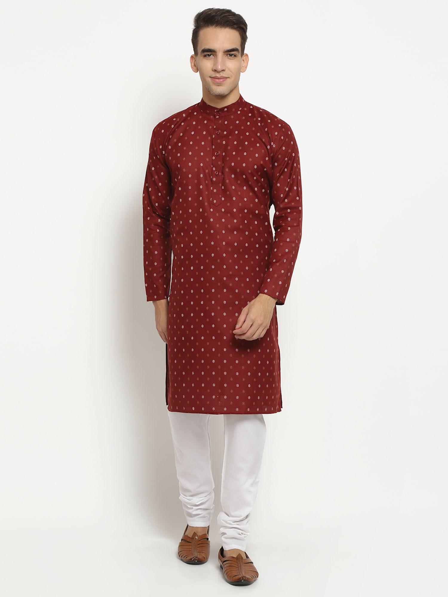 men maroon ethnic printed cotton long kurta pajama set