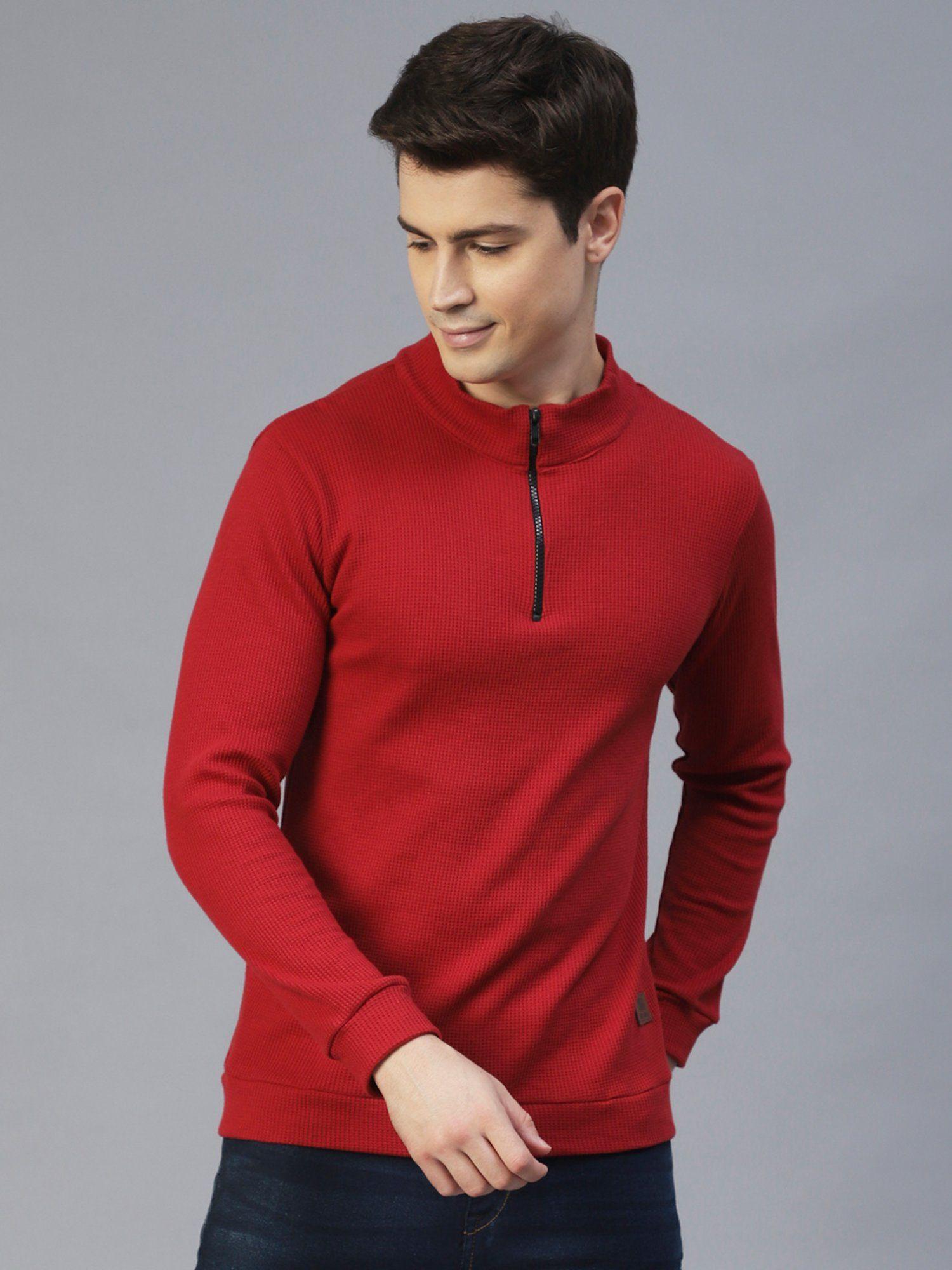 men maroon henley neck full sleeves waffle knit t-shirt