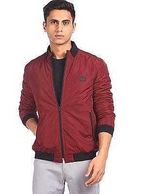 men maroon high neck solid jacket