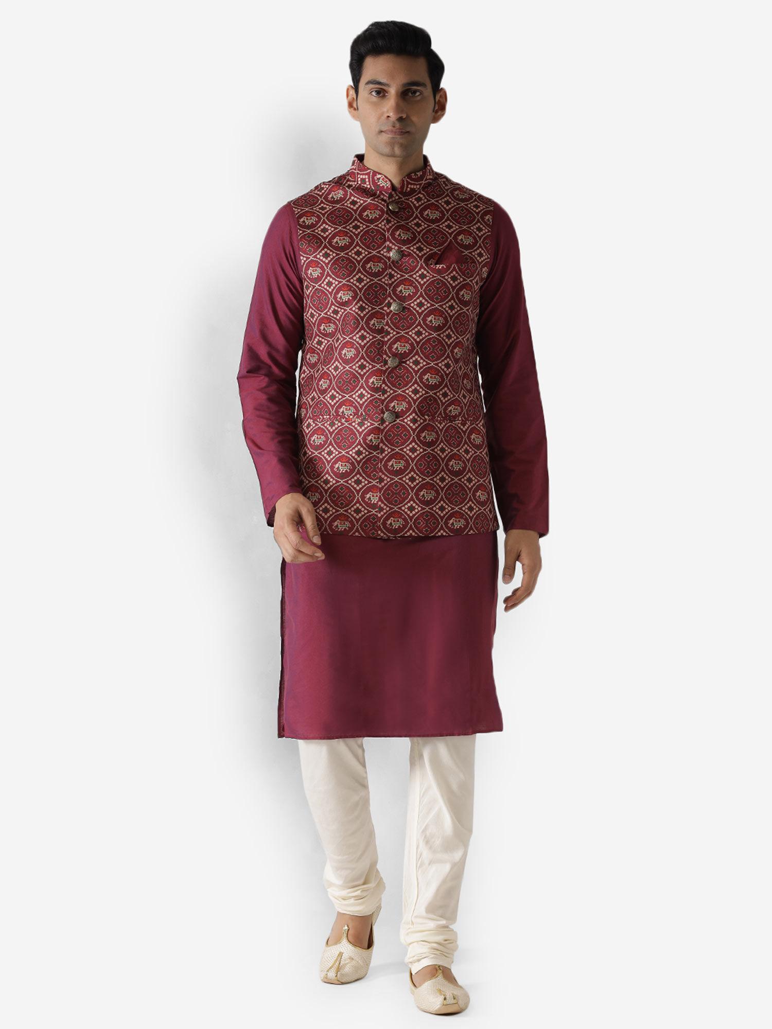 men maroon kurta jacket (set of 3)