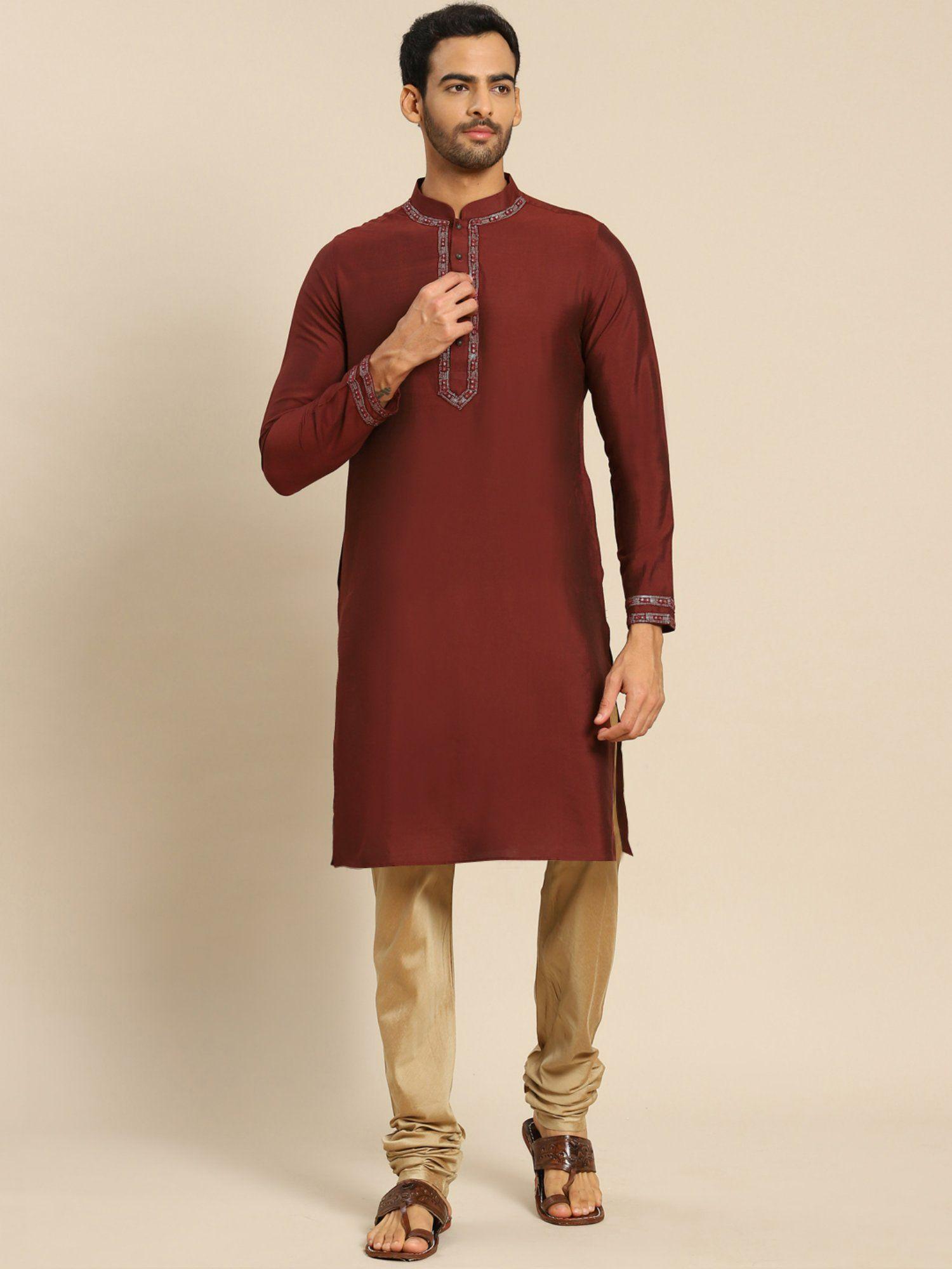 men maroon kurta set (set of 2)