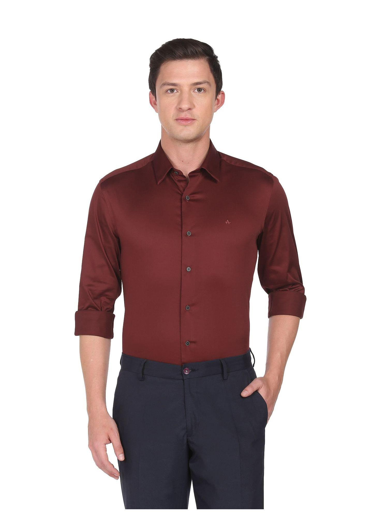 men maroon manhattan slim fit solid cotton formal shirt