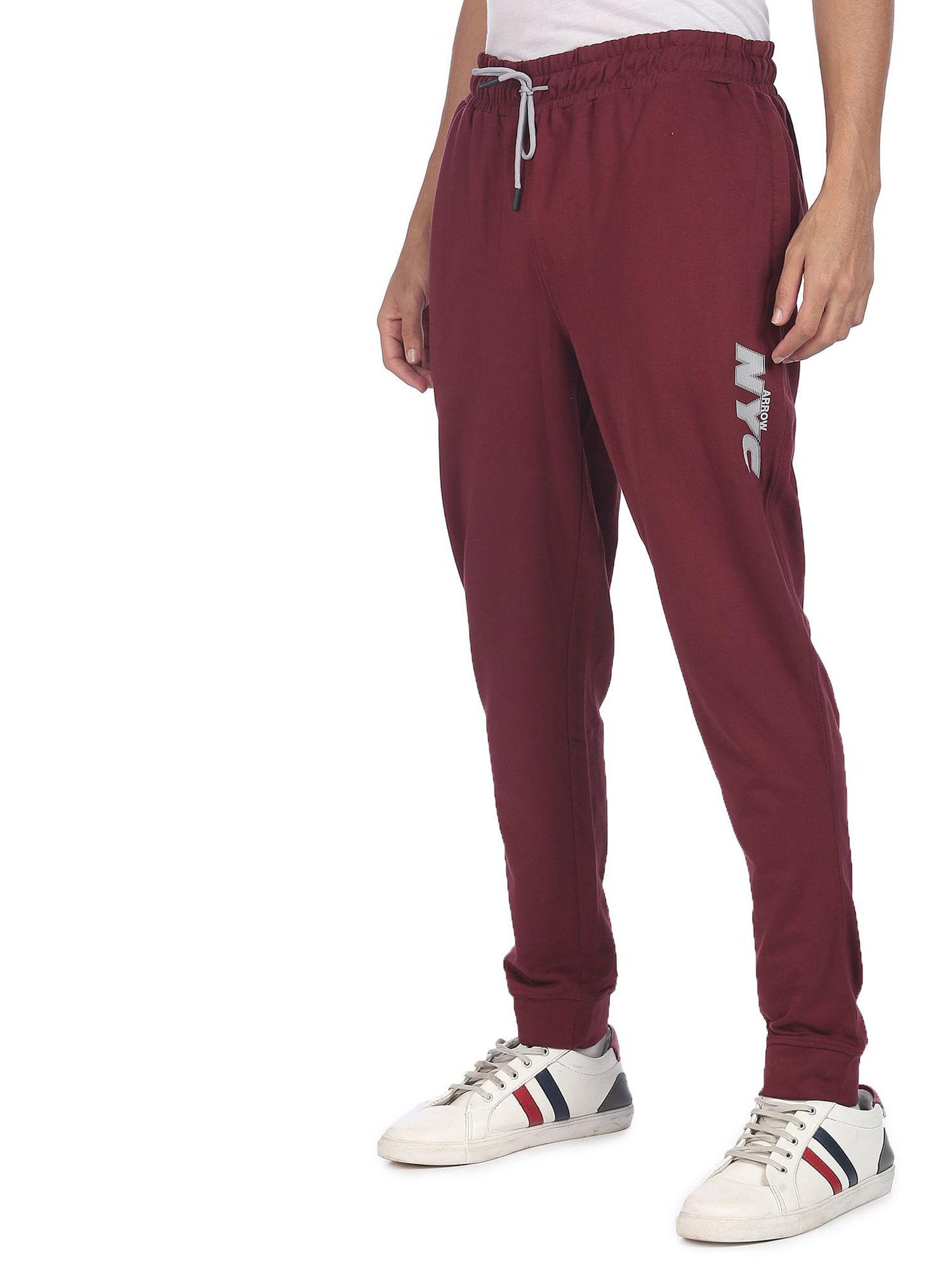 men maroon mid rise drawstring waist joggers