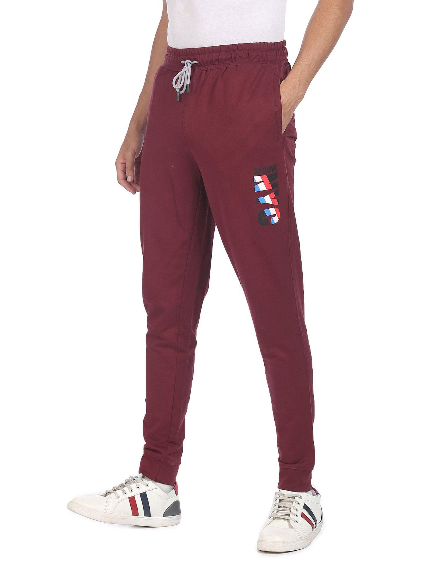 men maroon mid rise drawstring waist solid joggers