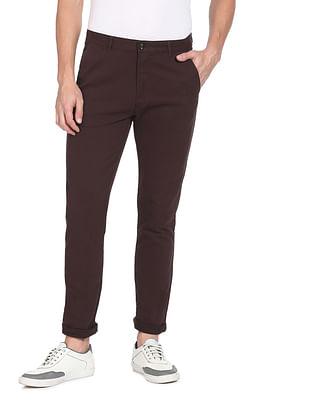 men maroon mid rise flat front solid casual trousers