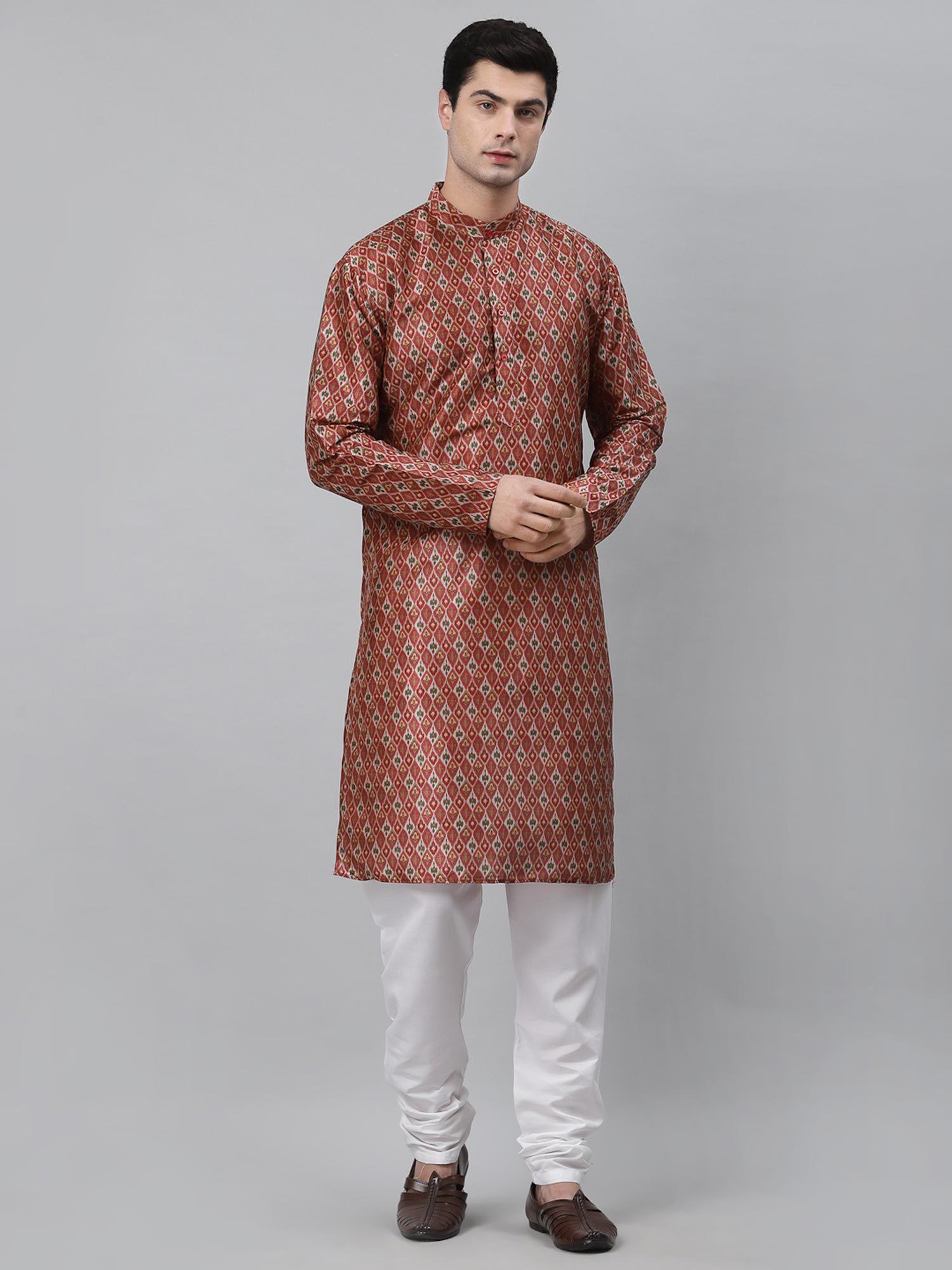 men maroon patola print dupion silk kurta and churidaar (set of 2)