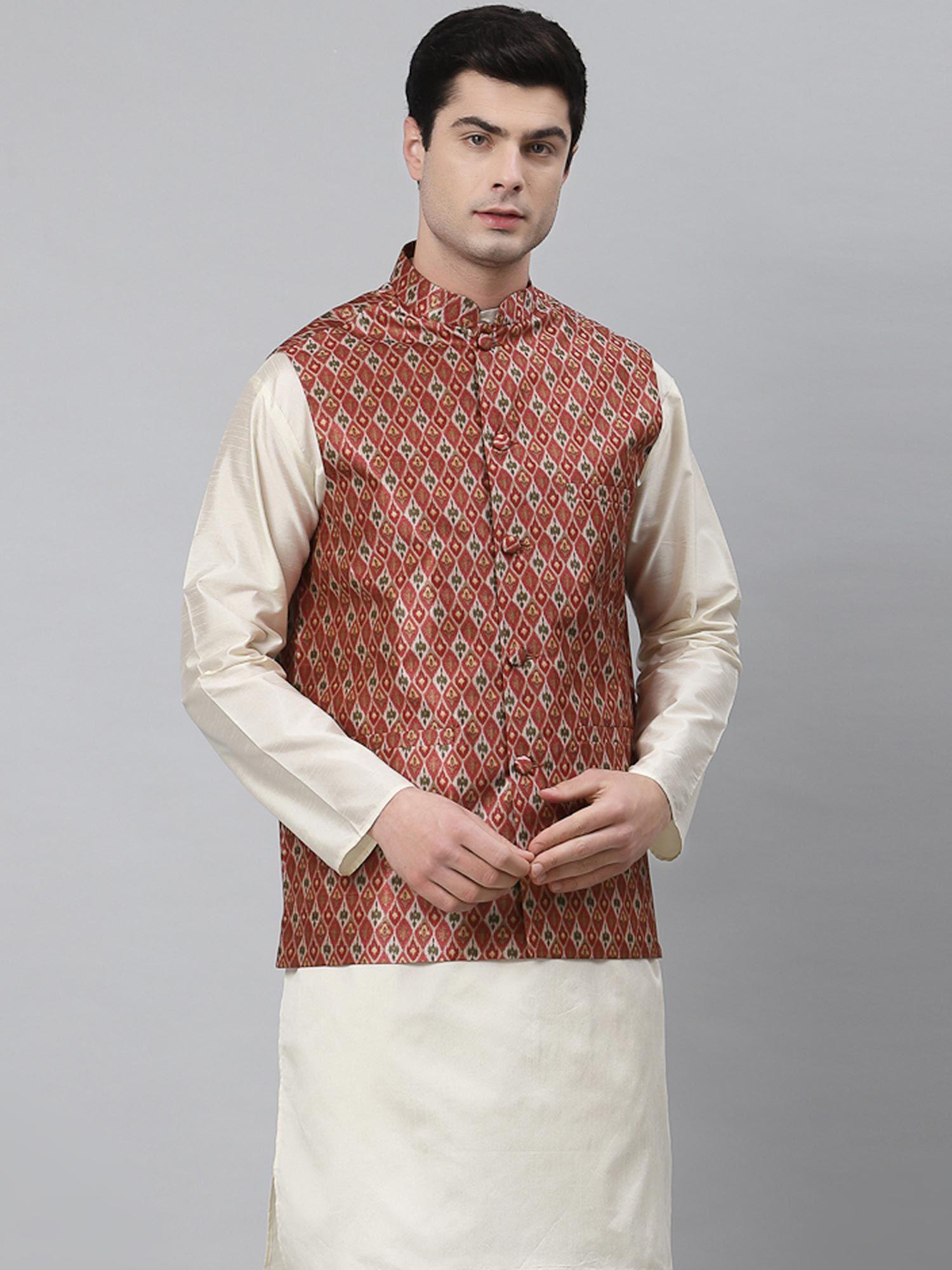 men maroon patola print dupion silk nehru jacket