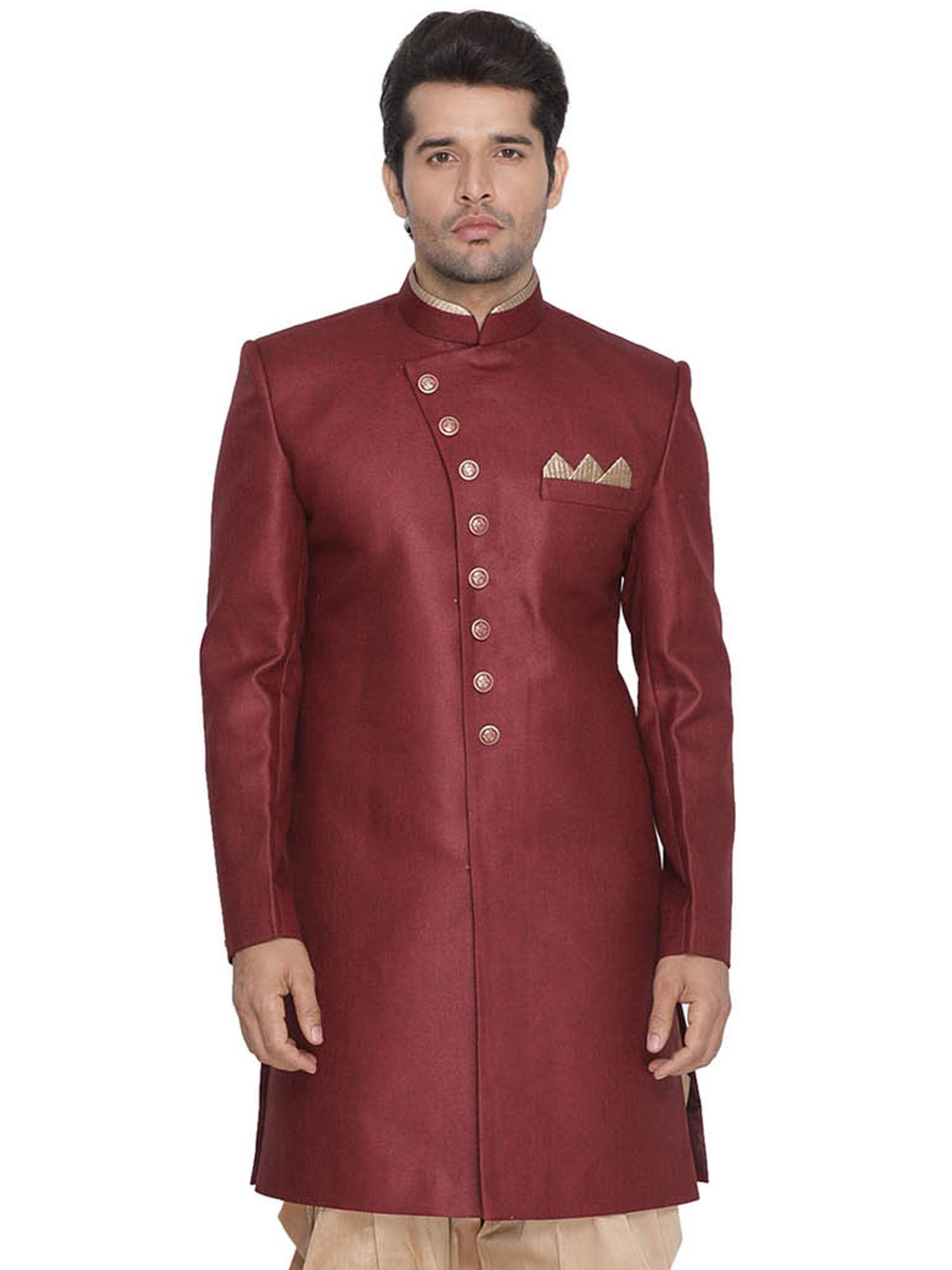 men maroon polyester lurex blend sherwani only top