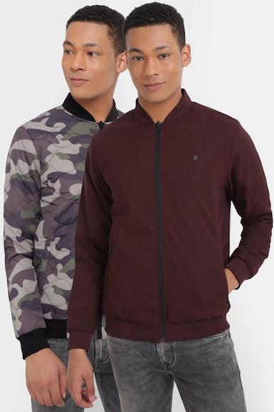 men maroon print full sleeves casual jacket