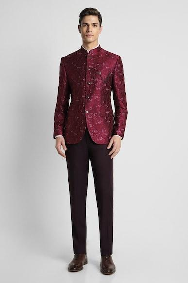 men maroon print slim fit formal two piece suit