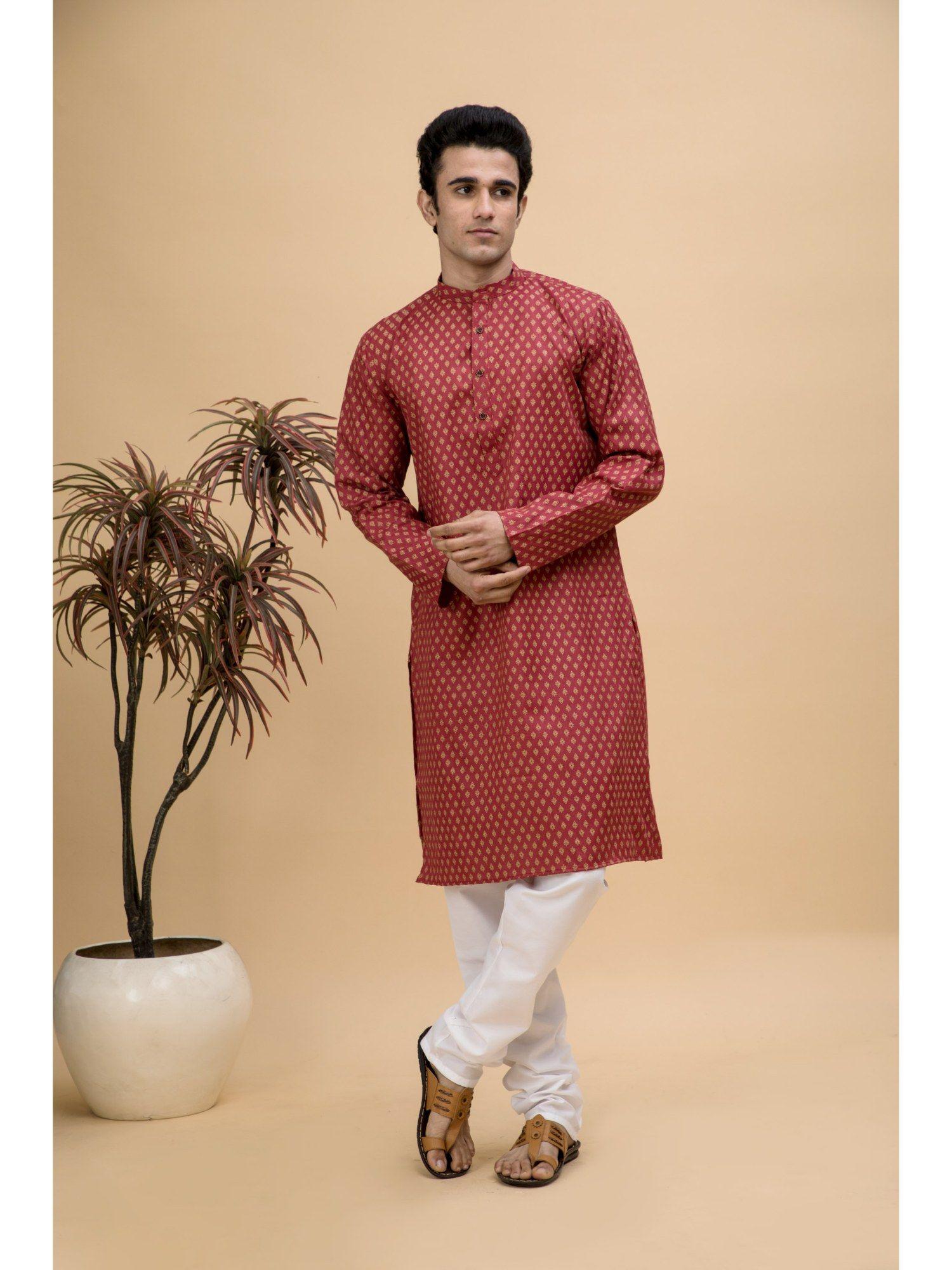 men maroon printed cotton long kurta (set of 2)