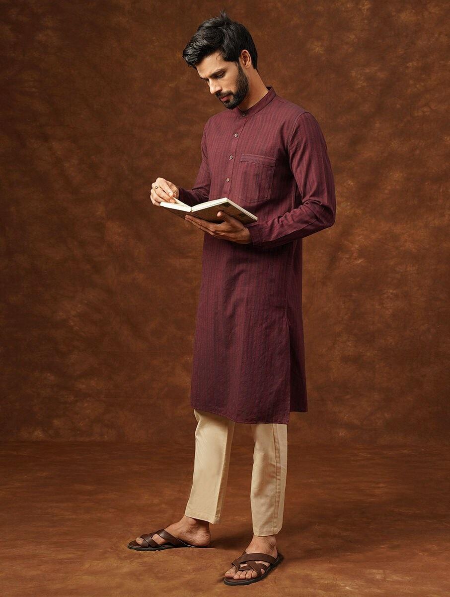 men maroon red cotton self design round neck regular fit kurta