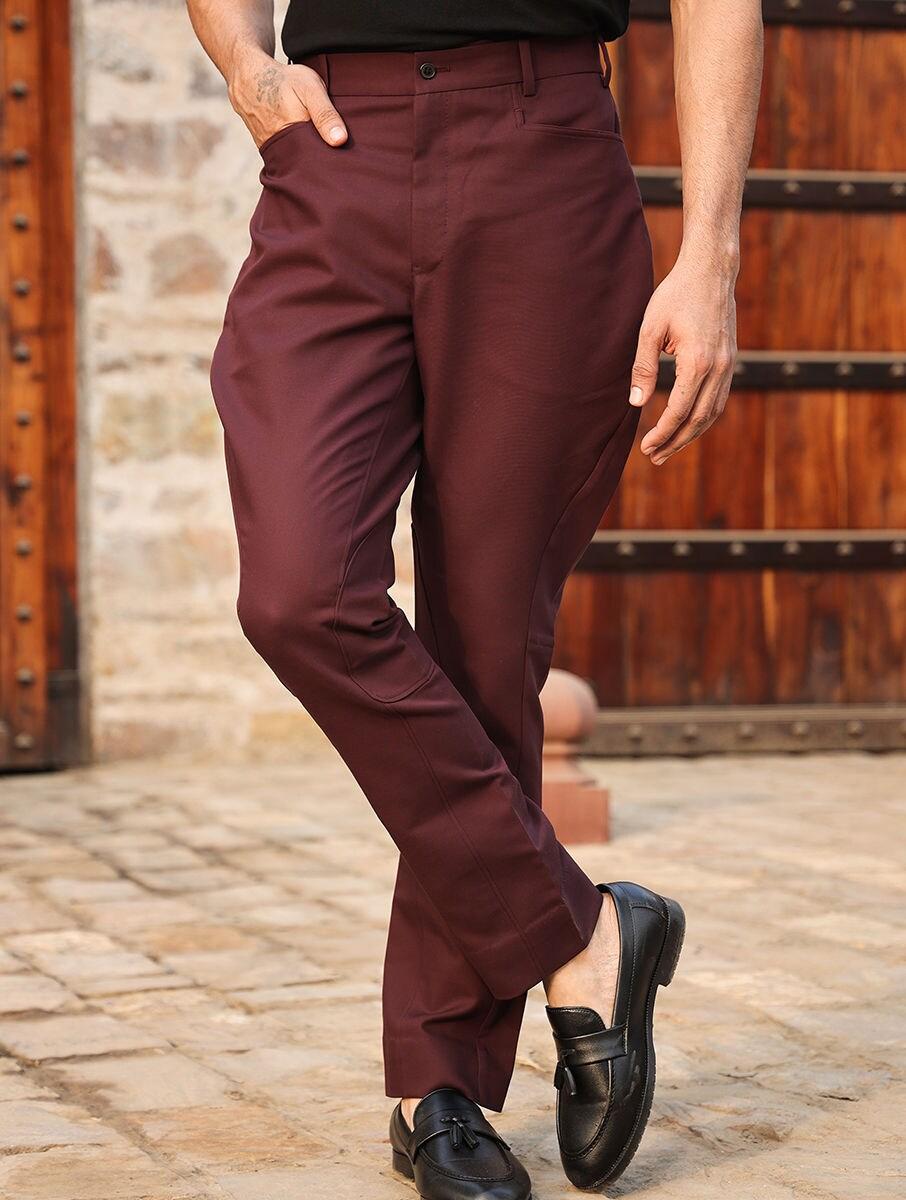 men maroon red cotton solid long regular fit pants