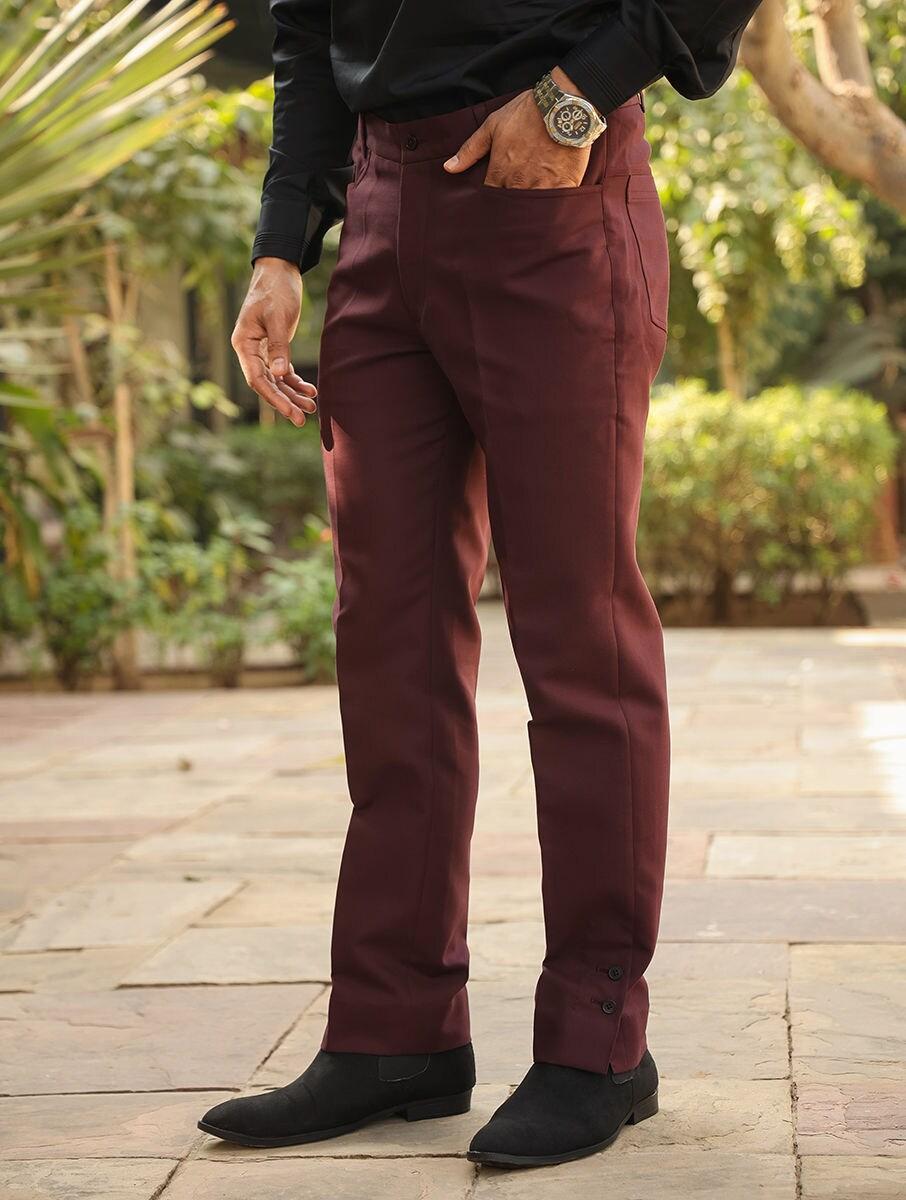 men maroon red cotton solid long regular fit pants