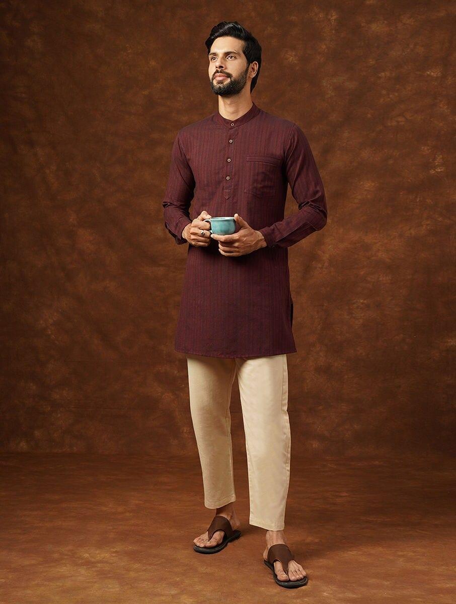 men maroon red cotton striped round neck regular fit kurta