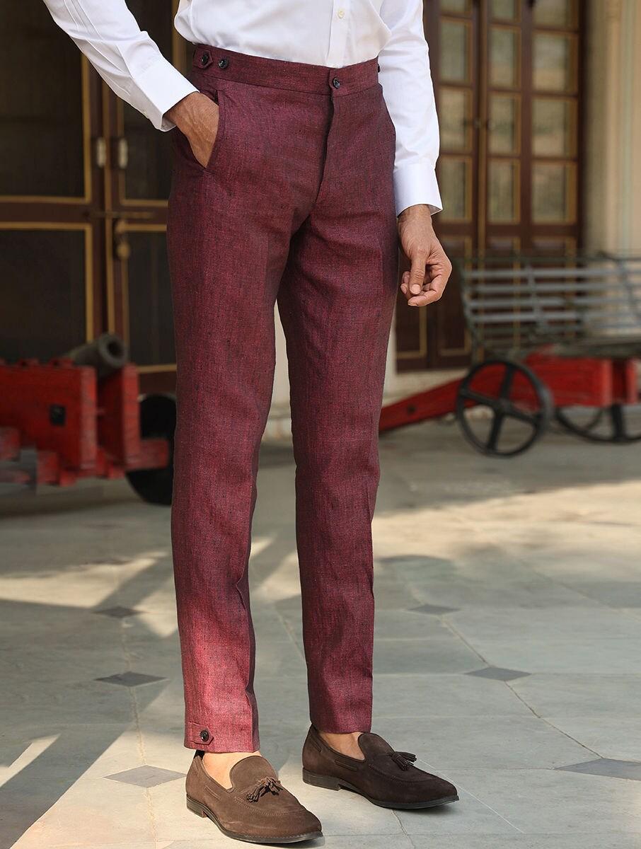 men maroon red linen solid long regular fit pants