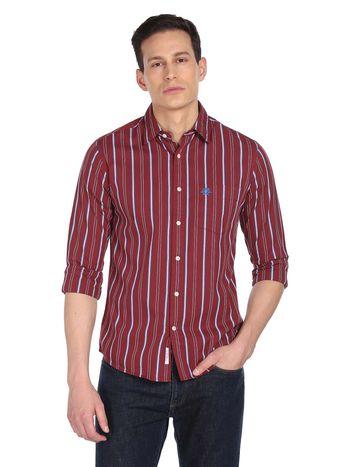 men maroon regular fit striped casual shirt