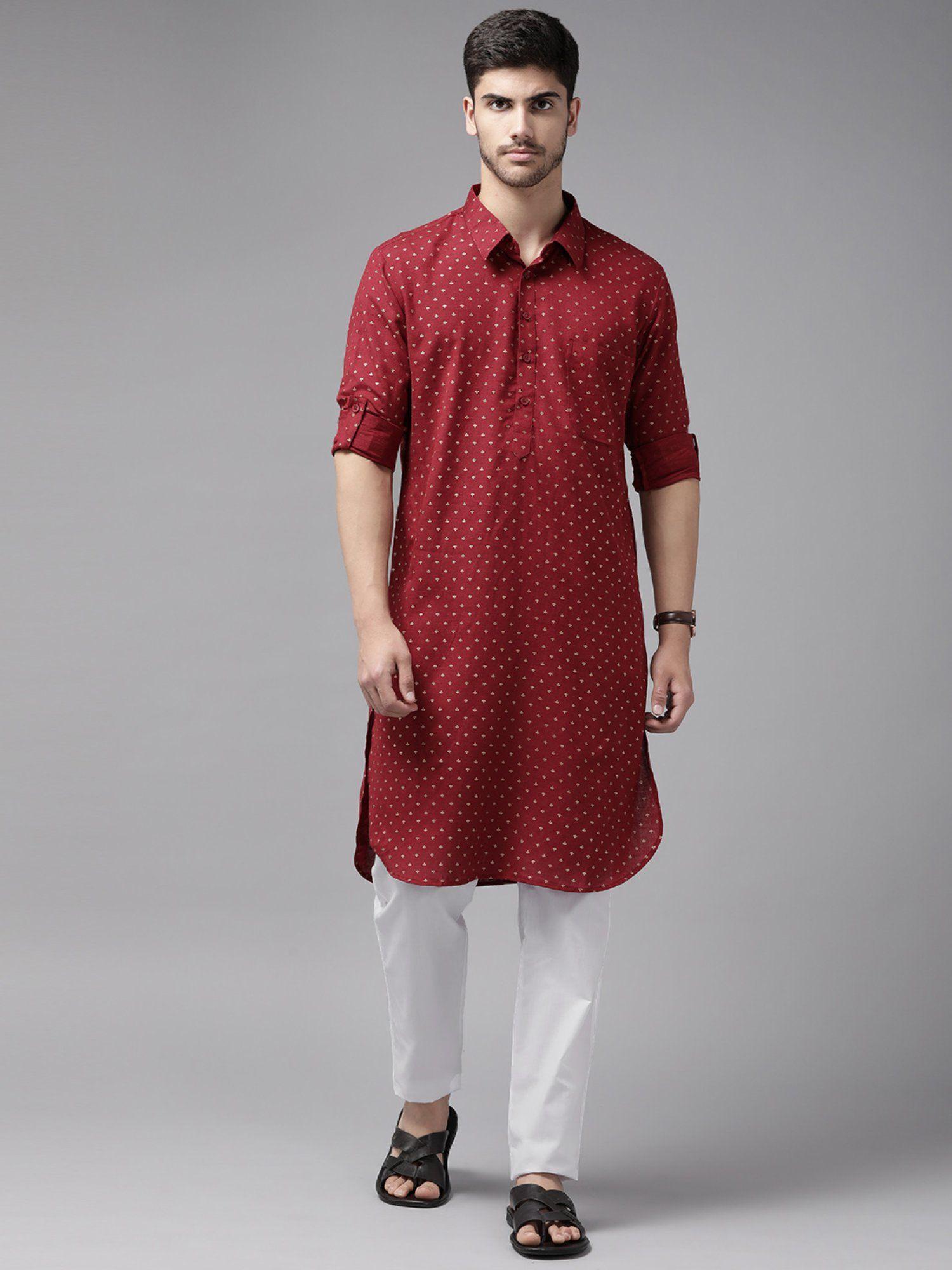 men maroon regular pathani printed men's kurta with white salwar (set of 2)