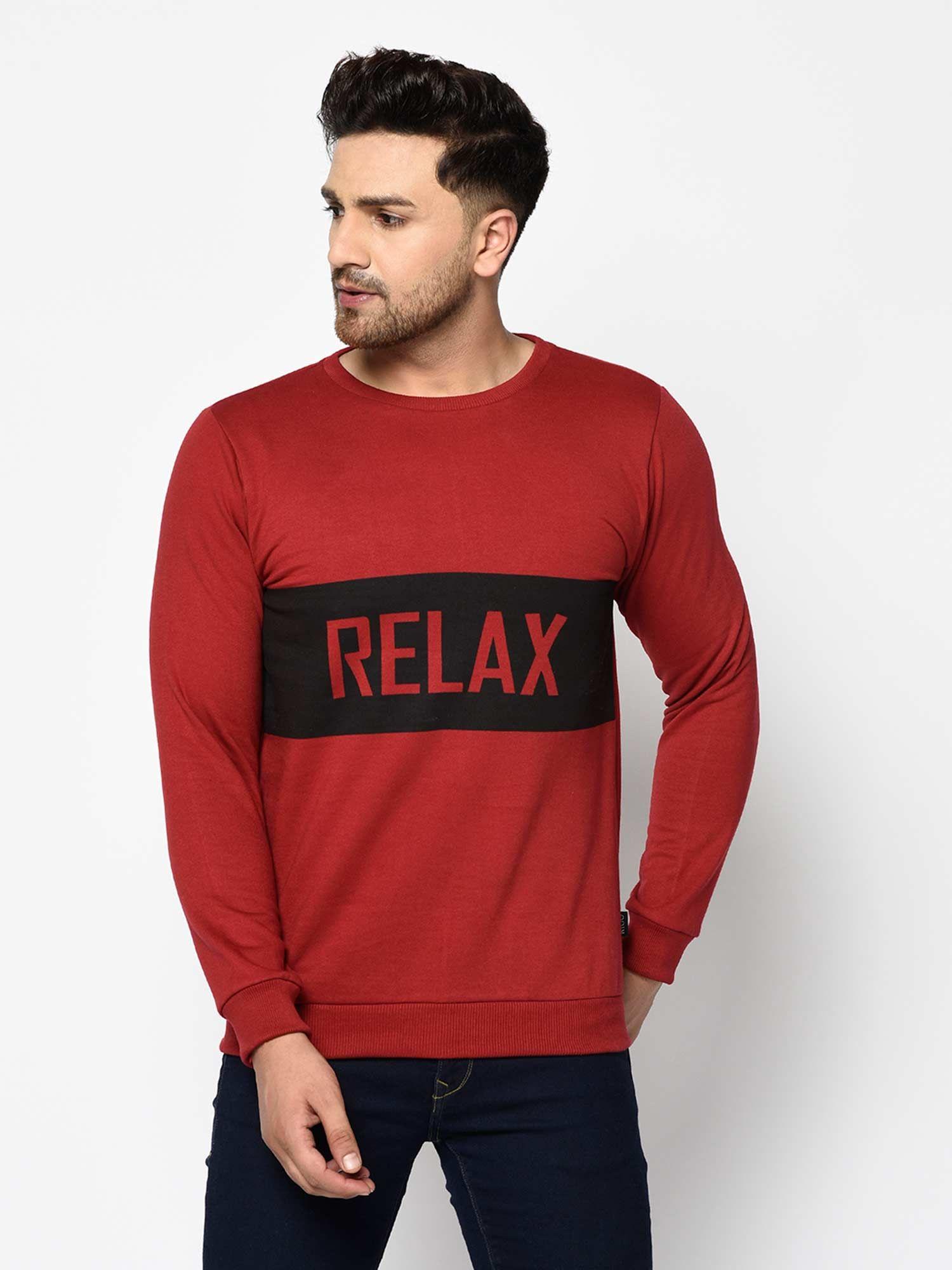men maroon relax printed round neck fleece full sleeve sweatshirt