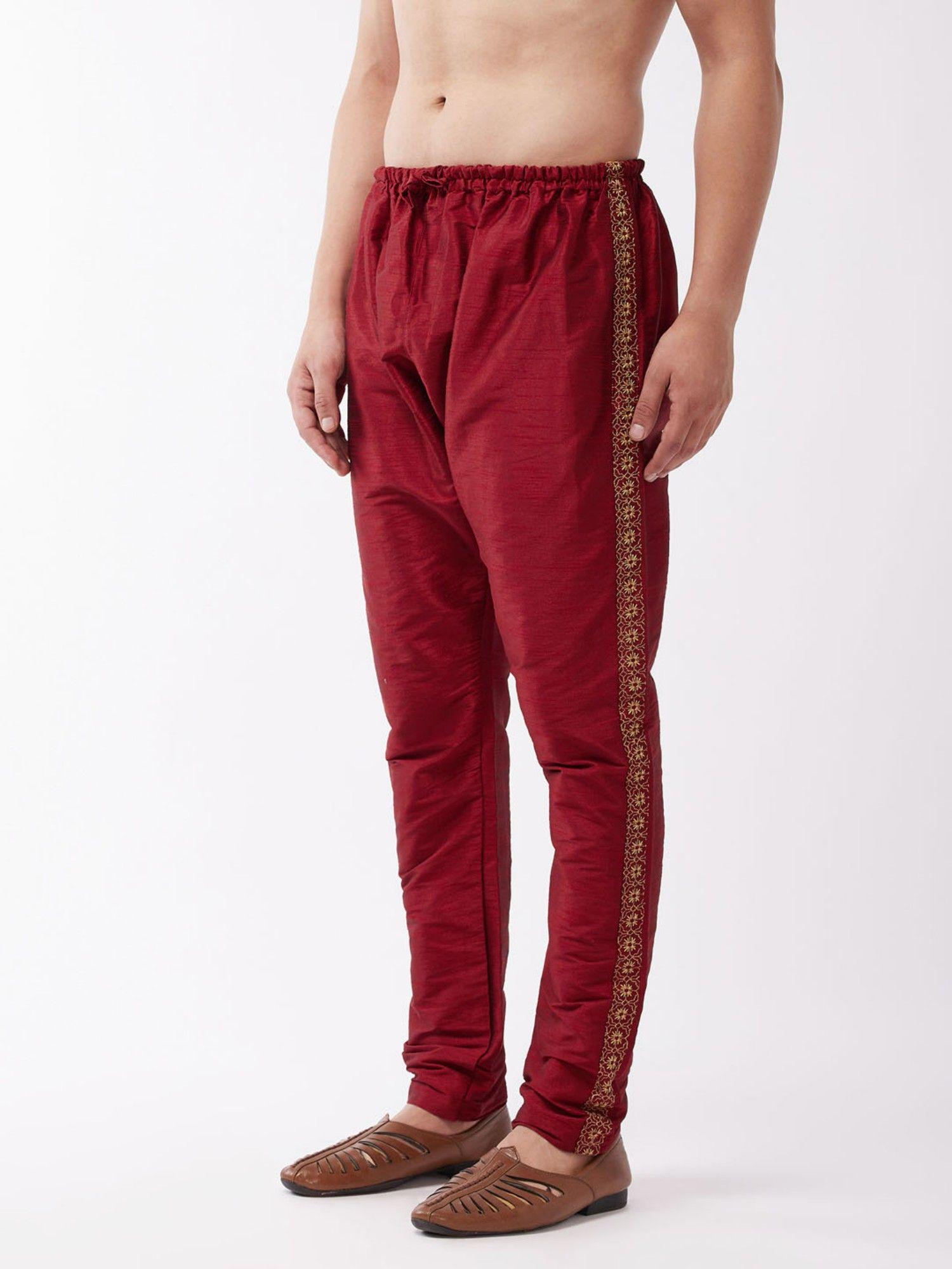 men maroon silk blend embroidered pyjama