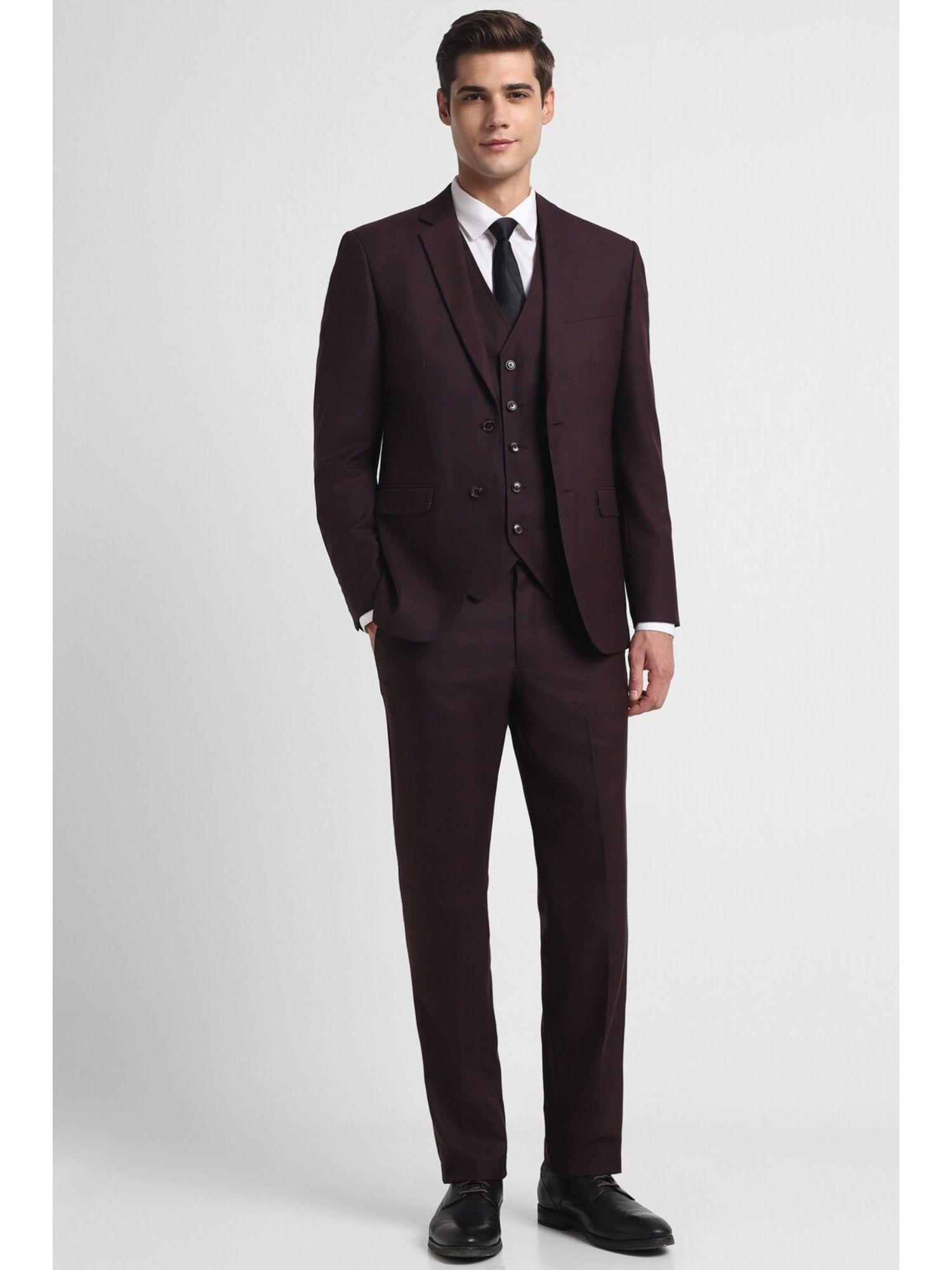 men maroon slim fit checks formal three piece suit (set of 3)