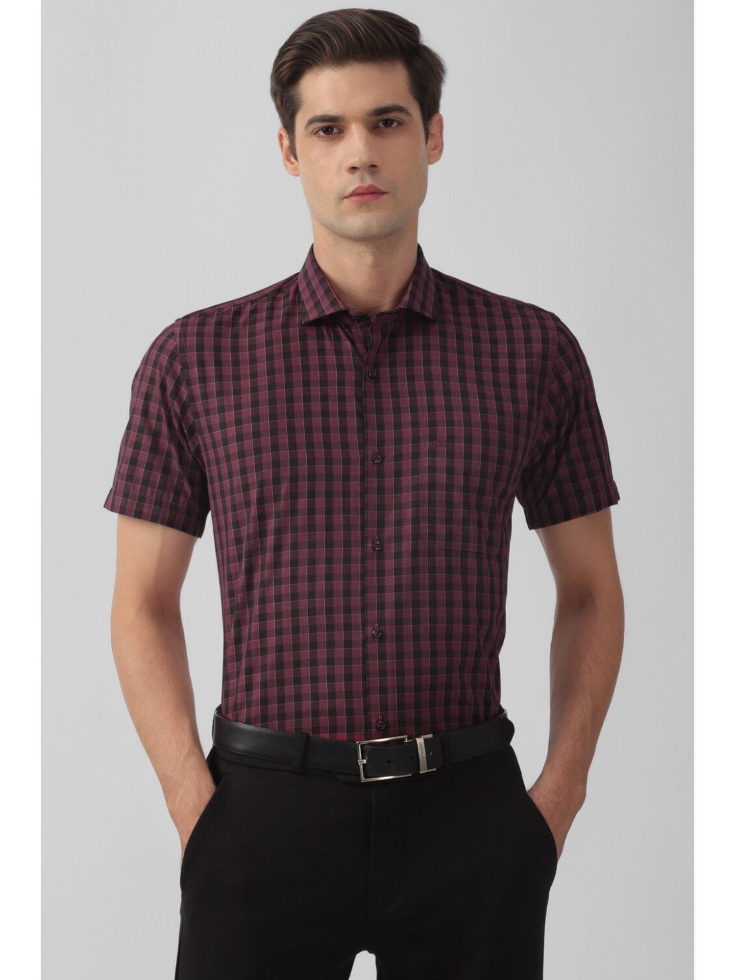 men maroon slim fit checks half sleeves formal shirt