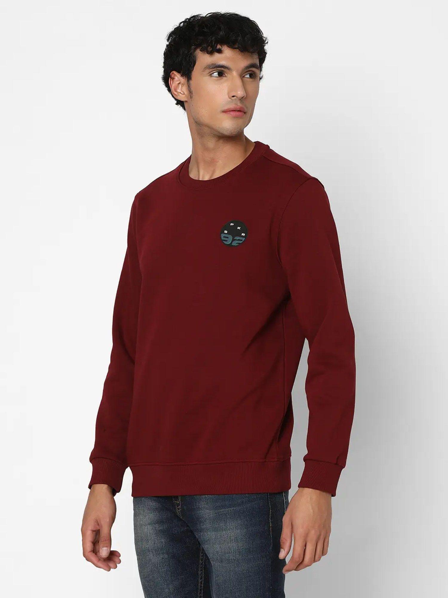 men maroon slim fit full sleeve round neck plain casual sweatshirt