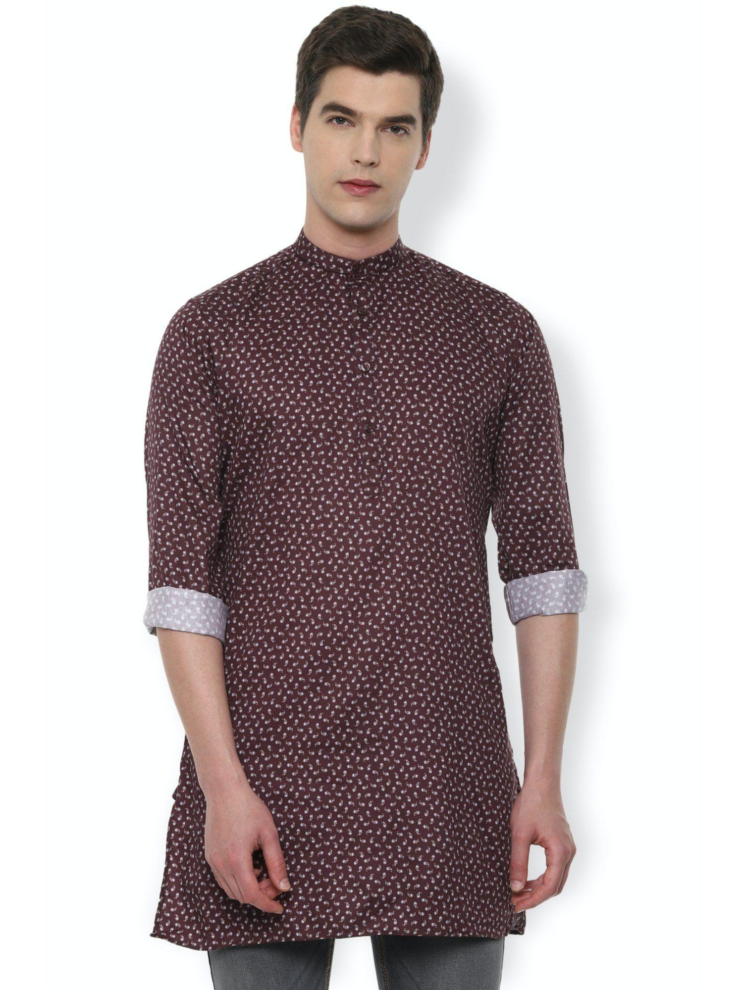 men maroon slim fit print full sleeves casual shirt