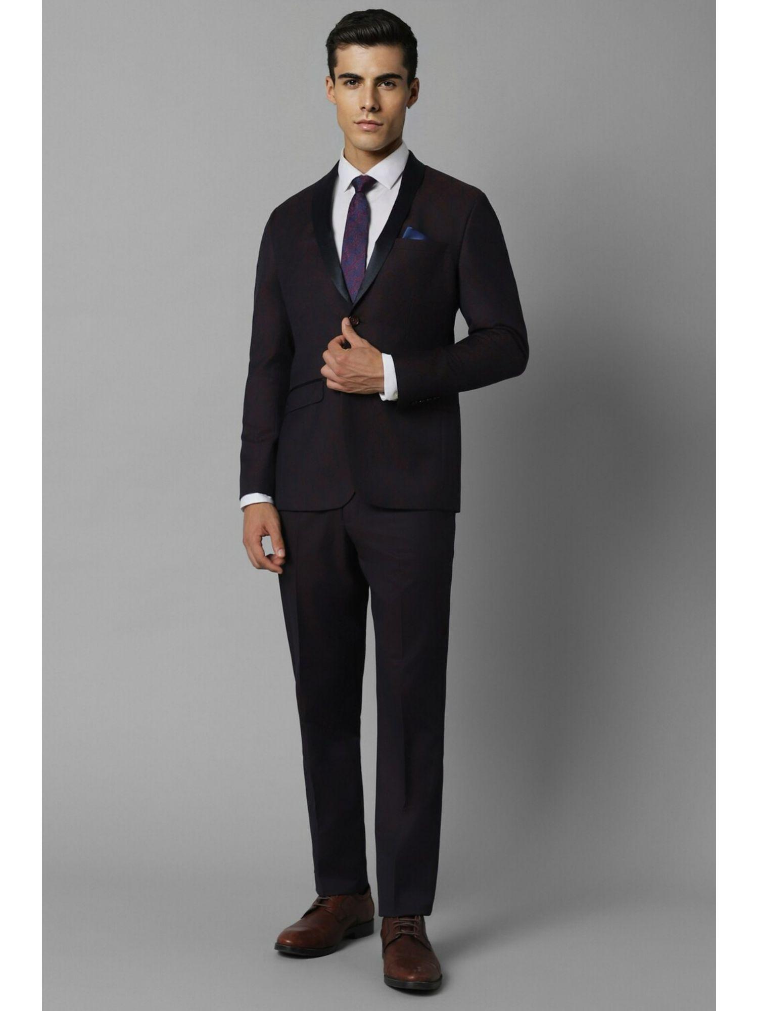 men maroon slim fit print party two piece suit (set of 2)