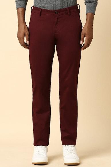 men maroon slim fit solid casual trousers