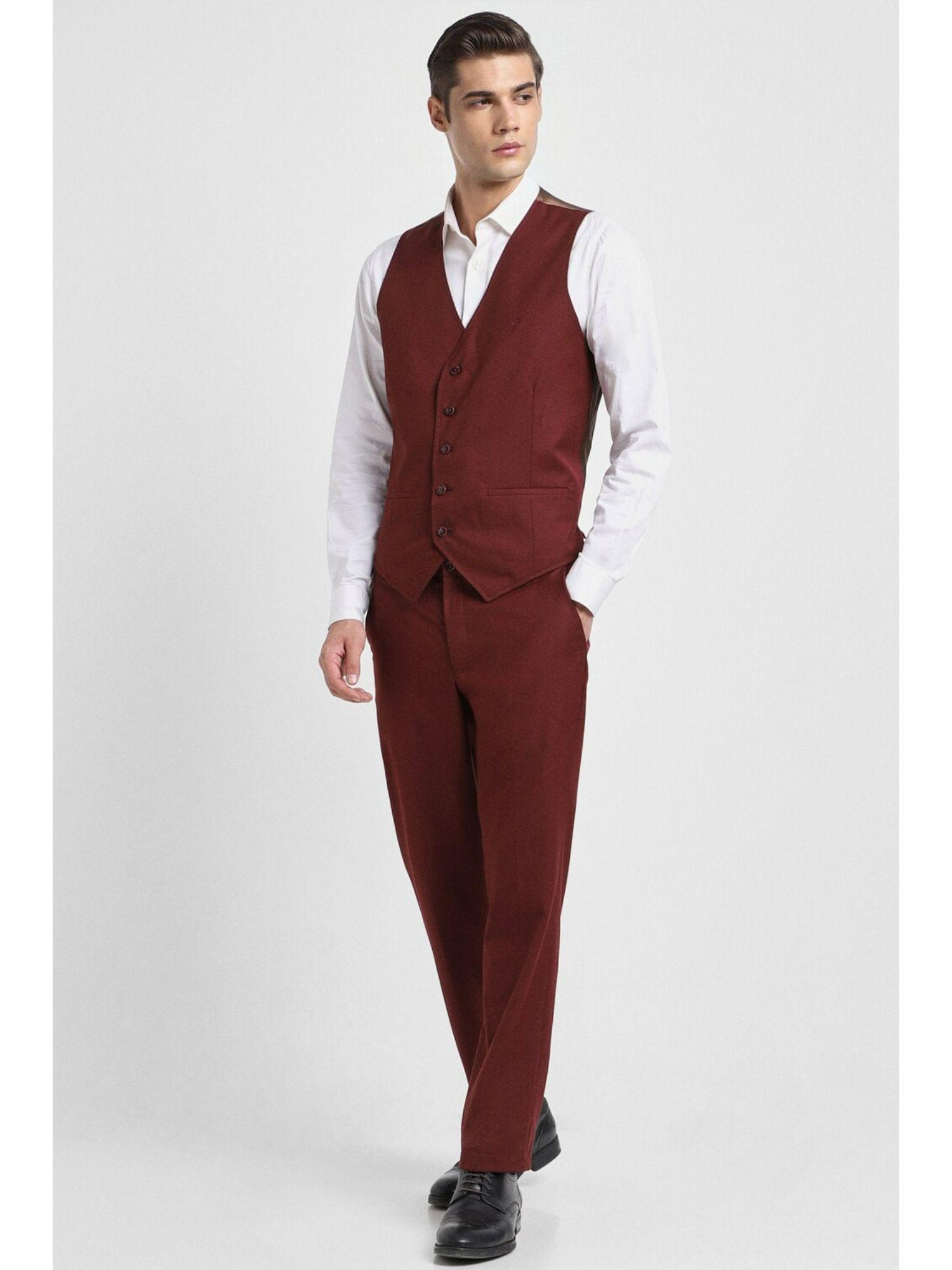 men maroon slim fit solid formal three piece suit (set of 3)