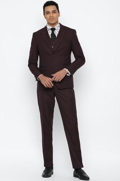 men maroon slim fit solid formal three piece suit