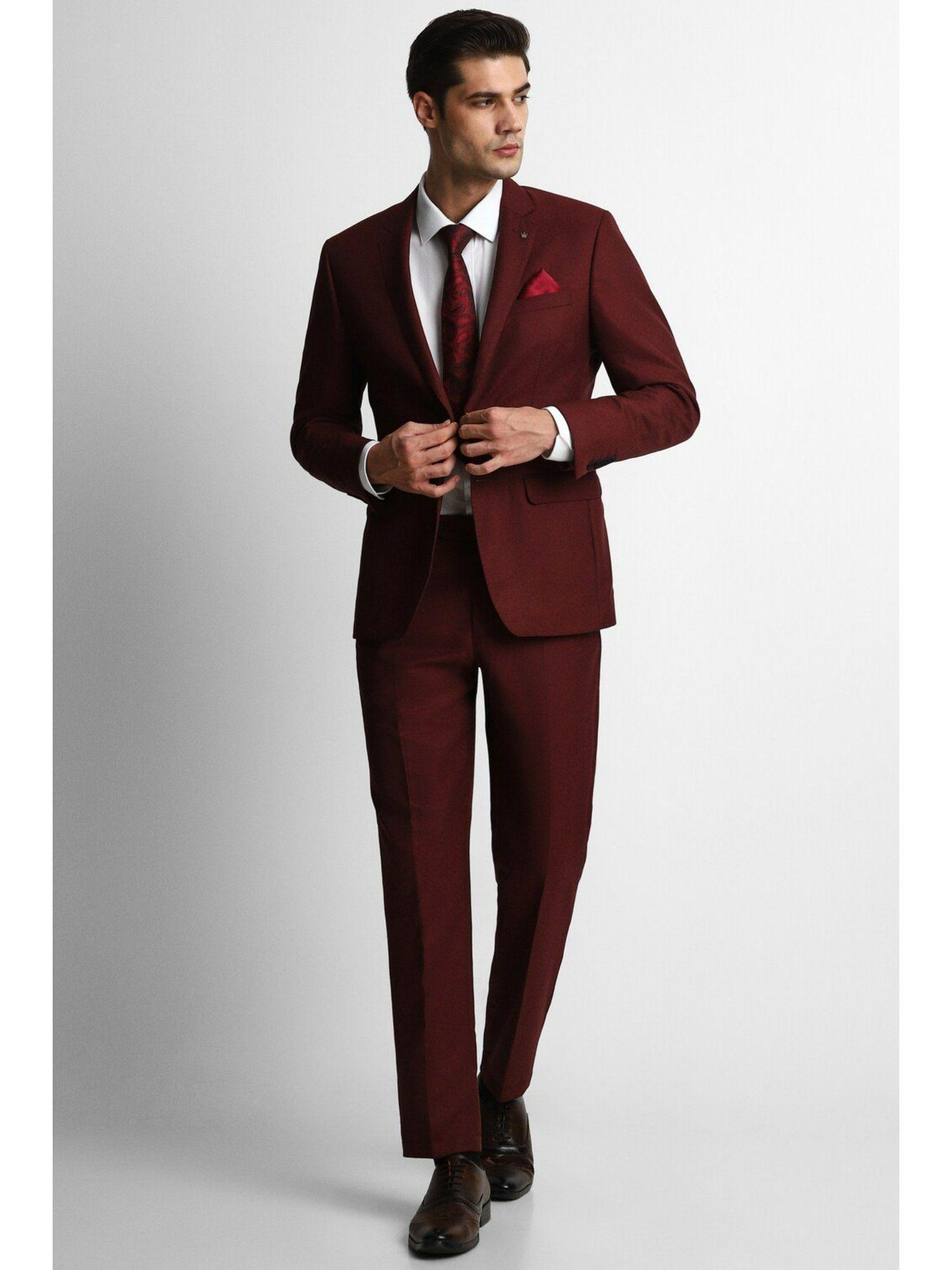 men maroon slim fit solid party suit (set of 2)