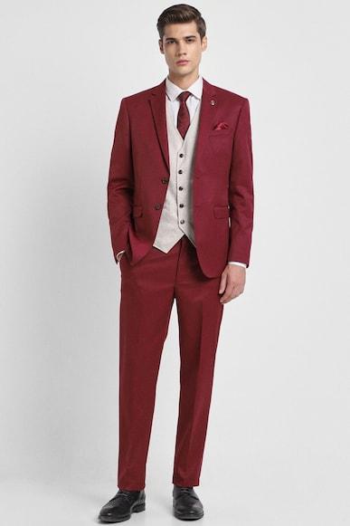 men maroon slim fit solid party three piece suit