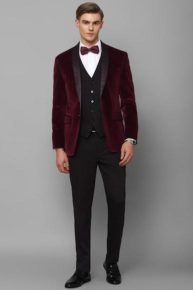 men maroon slim fit solid party three piece suit