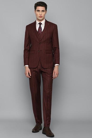 men maroon slim fit stripe formal three piece suit