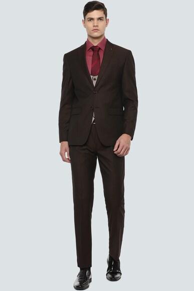 men maroon slim fit textured formal three piece suit