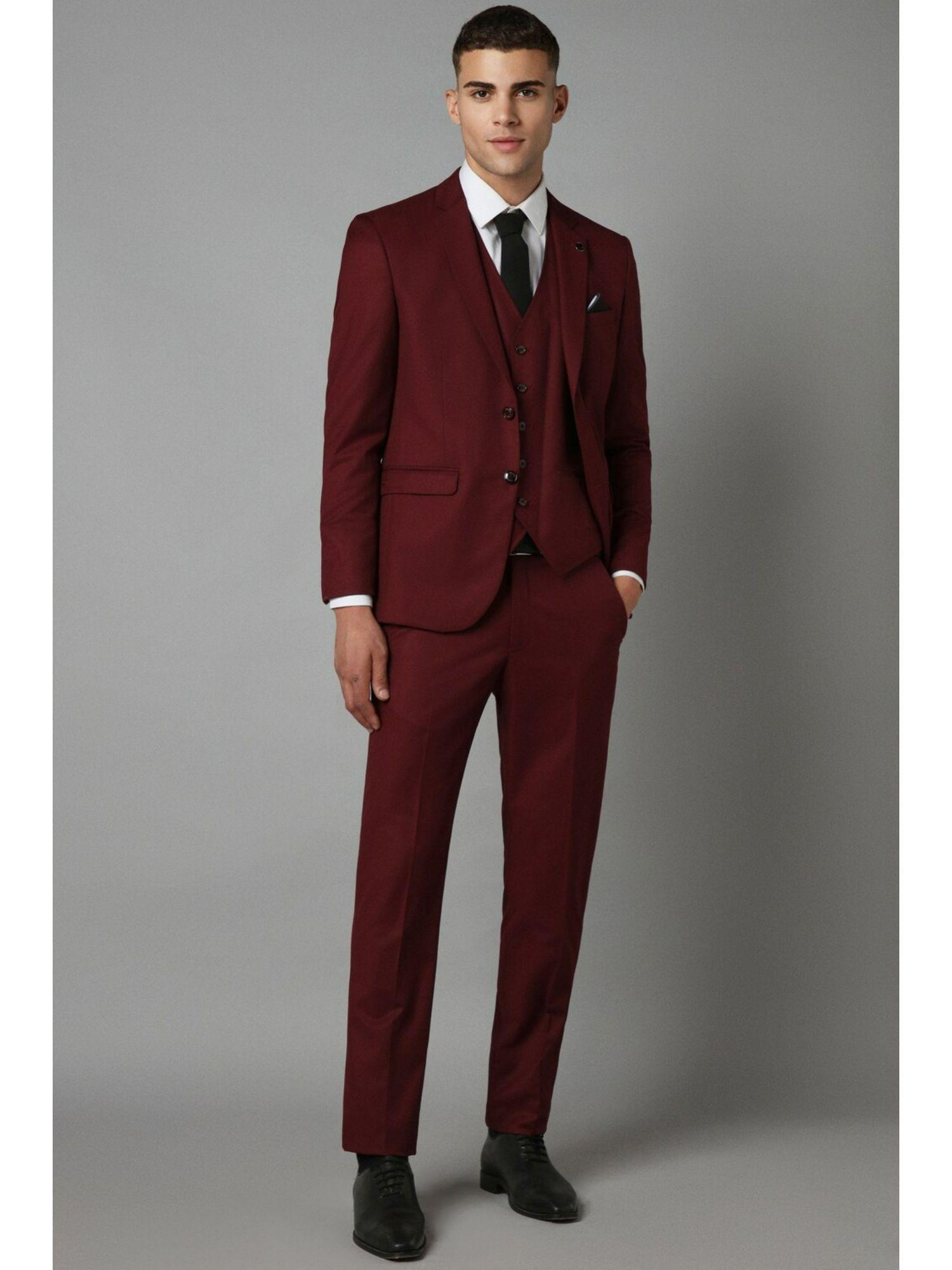 men maroon slim fit textured party three piece suit (set of 3)